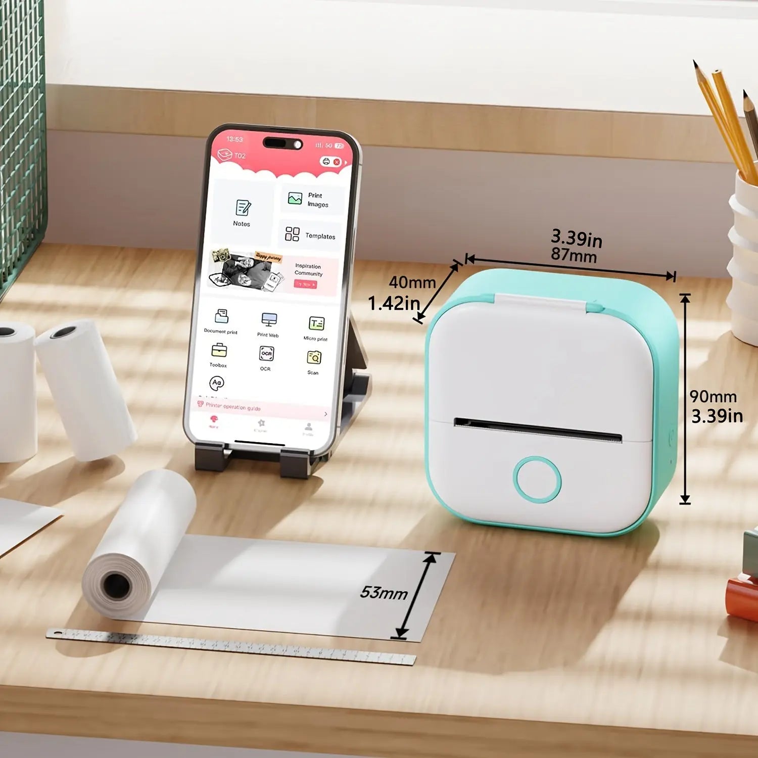 Phomemo T02 Mini Printer - Pocket Printer With 1 Roll Of 50mm Sticker Paper, Supports 53mm Thermal Paper, Wireless Label Maker For IPhone, Android, Doodle Dash, Notes, Memo, DIY, Gifts, List SimplyLife